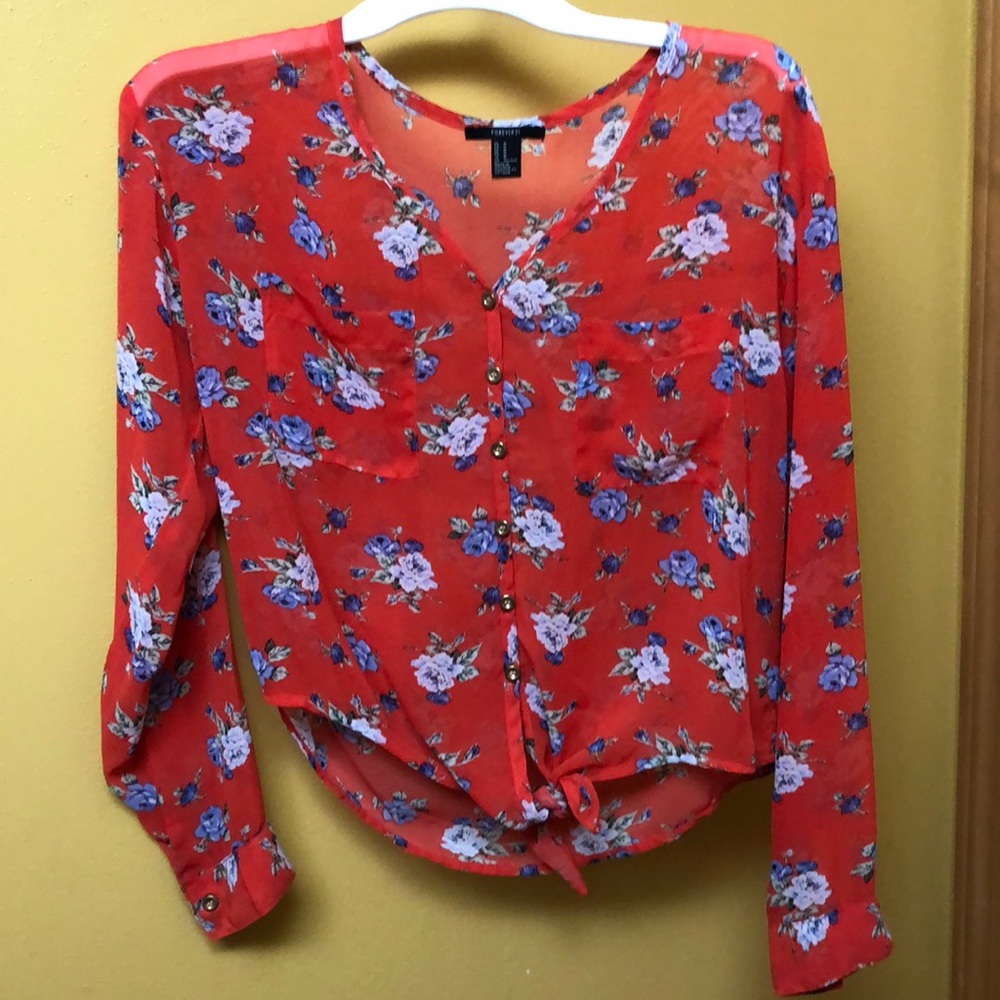 Red floral blouse